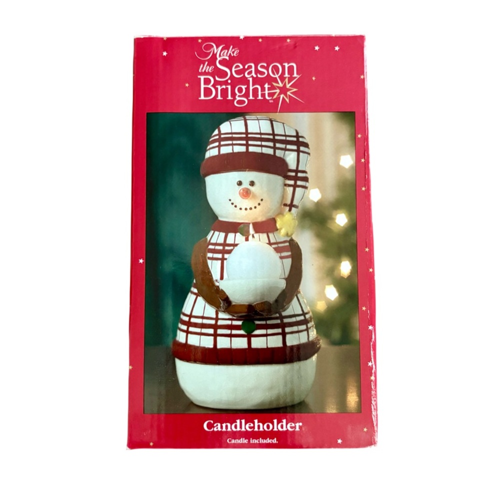 NWOT Vintage Plaid Snowman Candleholder Kohl’s Ceramic Collectible